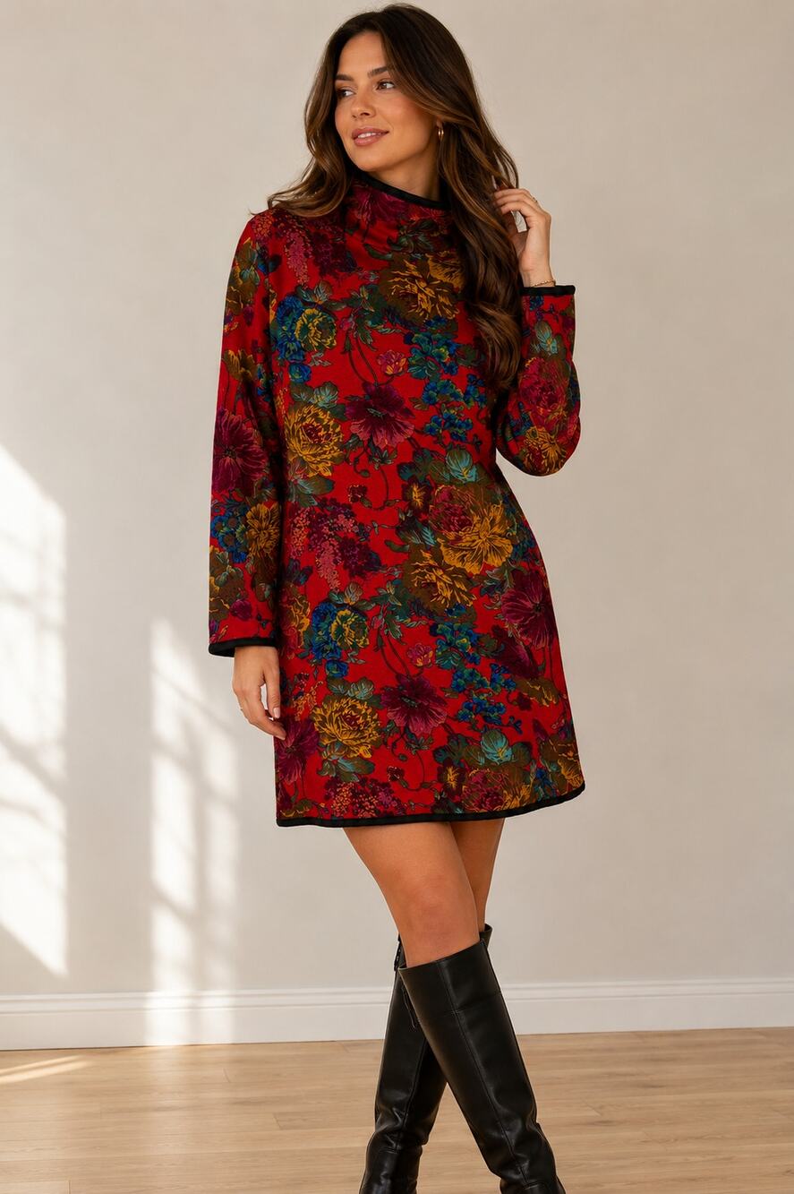 JinZiLai Floral Tapestry Fleece Lined Tunic Sweater Dress Farm Rio Red Multi L